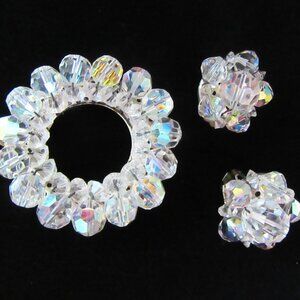 Vintage clear irridescent beaded circle brooch & clip on earrings - Mid Century